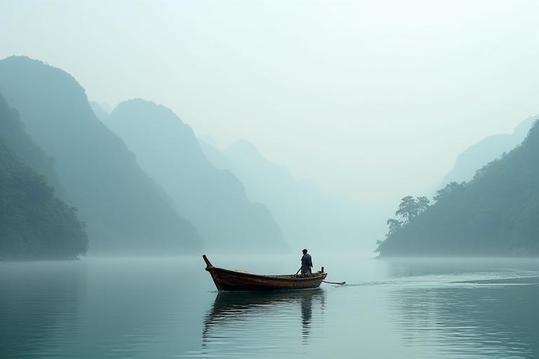 古典的な木造船が静かな日本の内海を穏やかに航行している様子 (A classic wooden boat gently sailing on a calm Japanese inland sea)