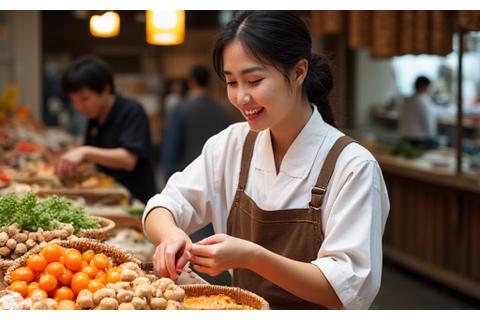 日本の市場で新鮮な食材を選んでいる熟練した料理専門家